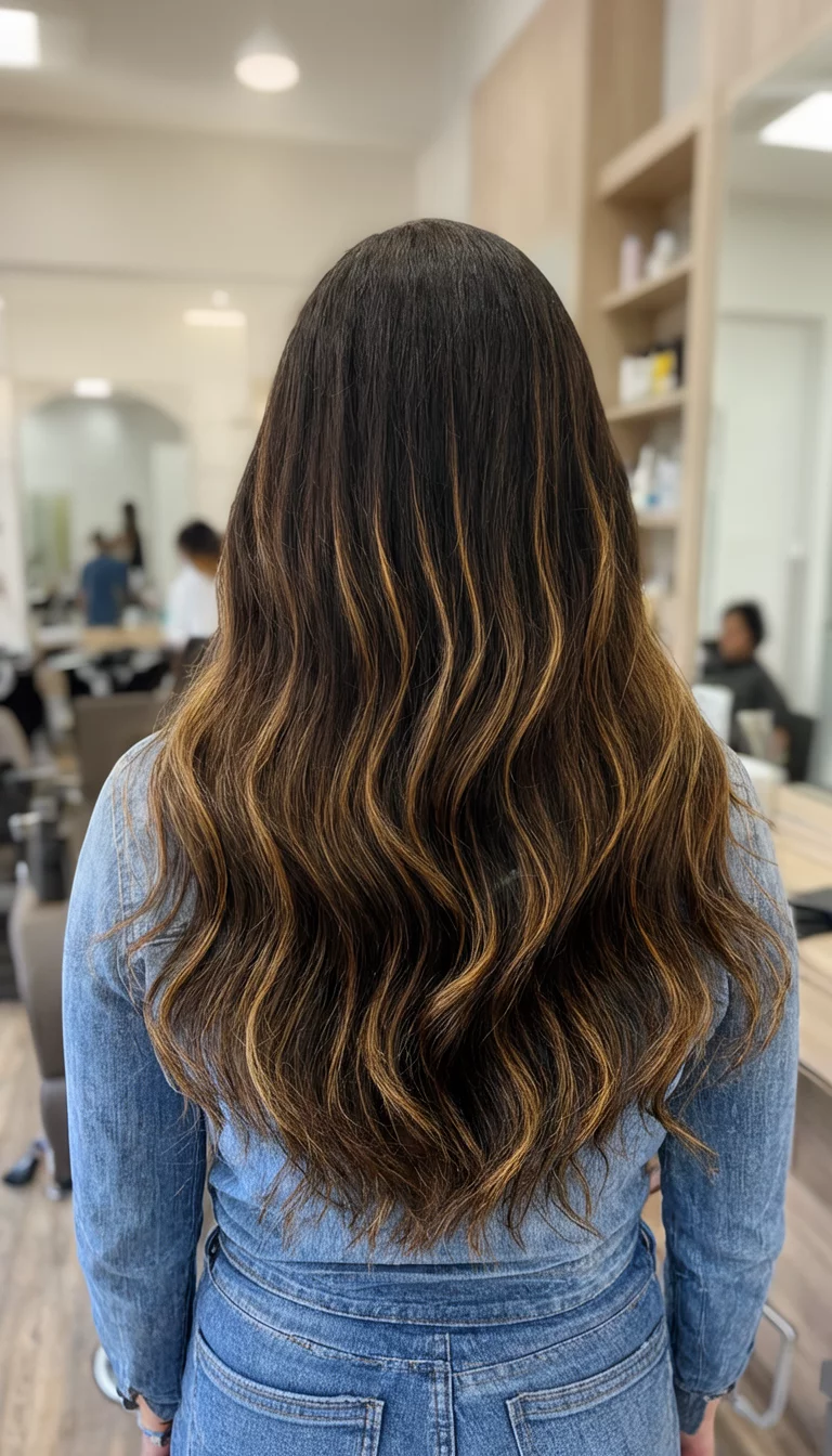 casual photo of a 37-year-old woman wearing a salon setting with a dark brown hair featuring caramel highlights colored long wavy hair hairstyle, back view, salon setting