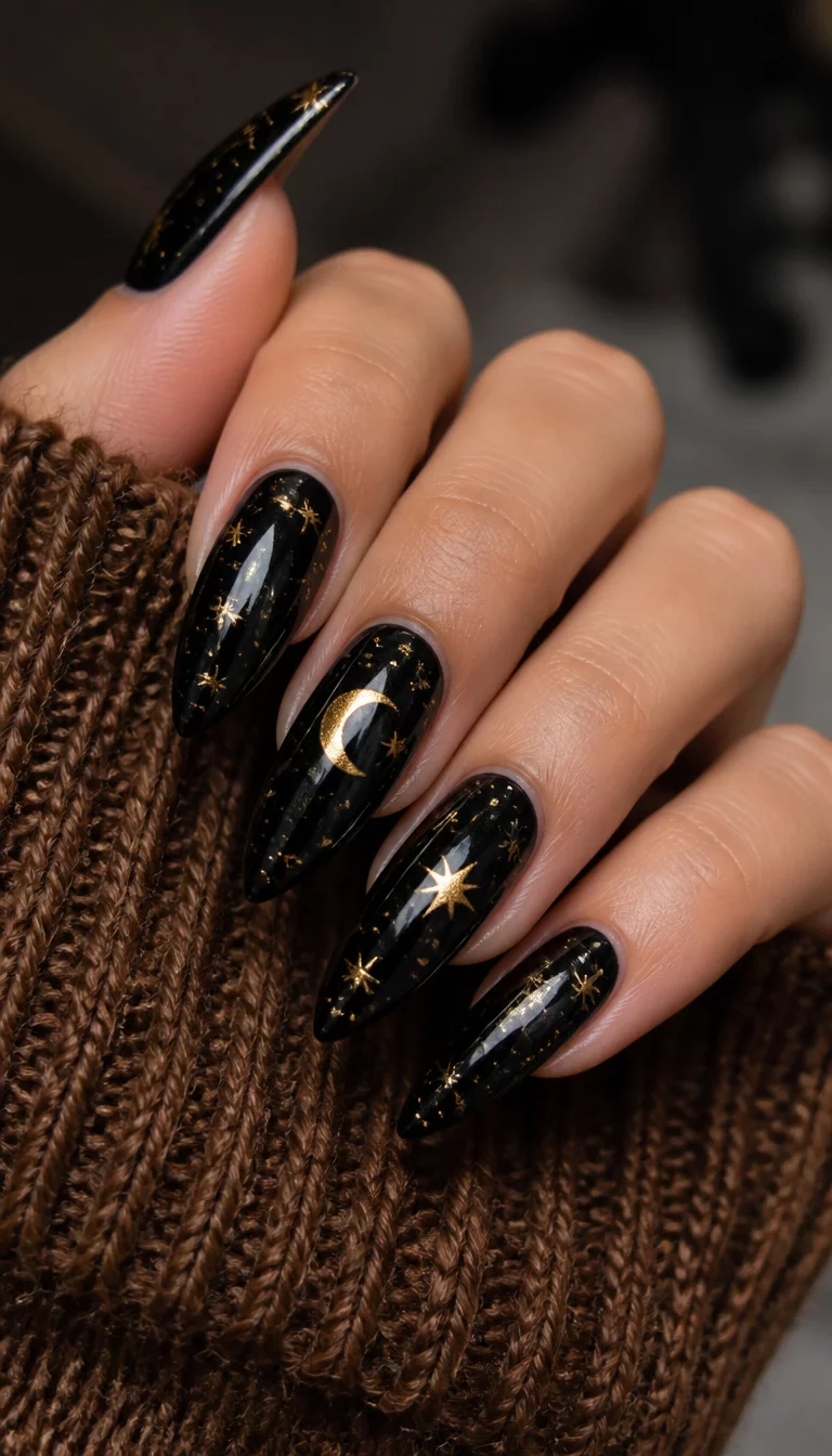 Celestial Midnights On Stiletto close-up shot of a woman’s hand with five fingers showing stiletto-shaped glossy black nails with gold crescent moons and stars and scattered glitter, brown textured sweater.