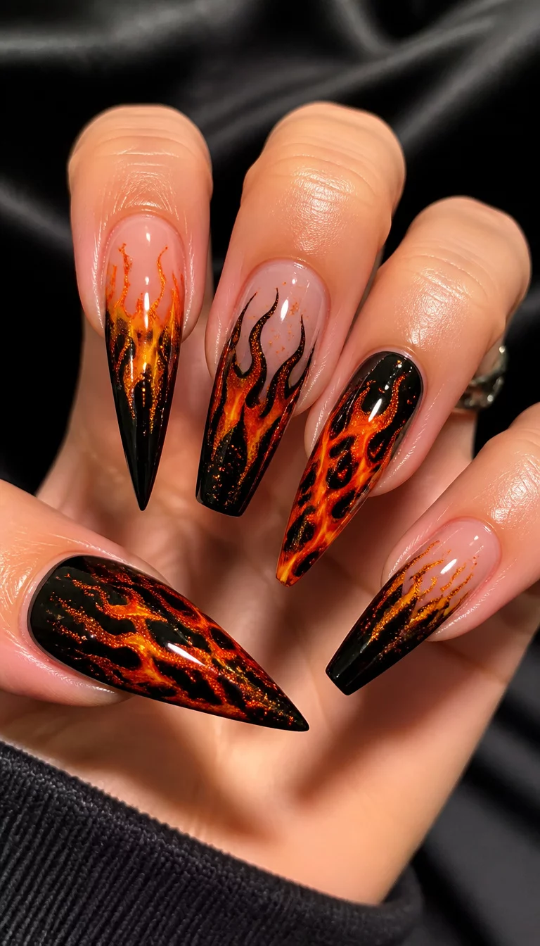 Fiery Flames And Black Glitter close-up shot of a woman’s hand with five fingers showing stiletto and coffin-shaped long nails with black tips and fiery orange and yellow flames, glossy black accents and glitter.