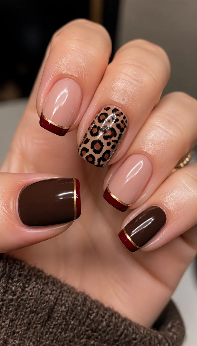 Leopard Print Square Mix close-up shot of a woman’s hand with five fingers showing square-shaped glossy dark brown nails with a leopard print nail and french tips with deep red and gold metallic trim.