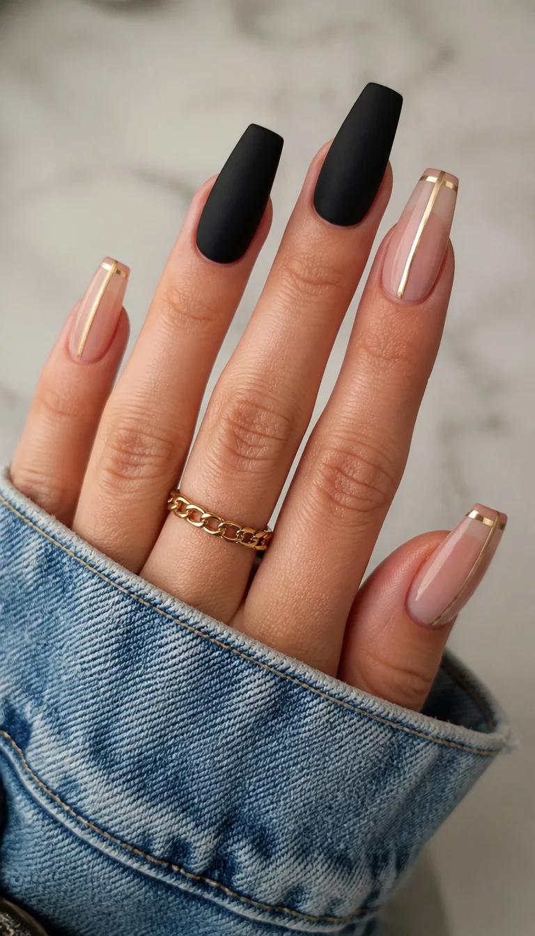 Matte Black And Gilded Accents close-up shot of a woman’s hand with five fingers showing coffin-shaped nails with matte black polish on the index and middle fingers and a sheer neutral base with gold tape accents on the others, denim jacket in the frame.