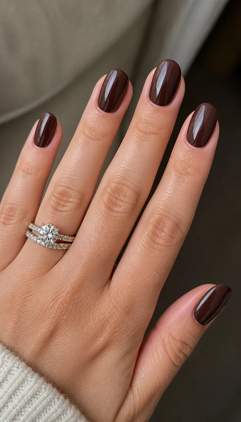 Stacked Diamonds and Cocoa close-up shot of a woman’s hand with five fingers showing oval glossy deep brown nails, two stacked diamond rings on the ring finger.