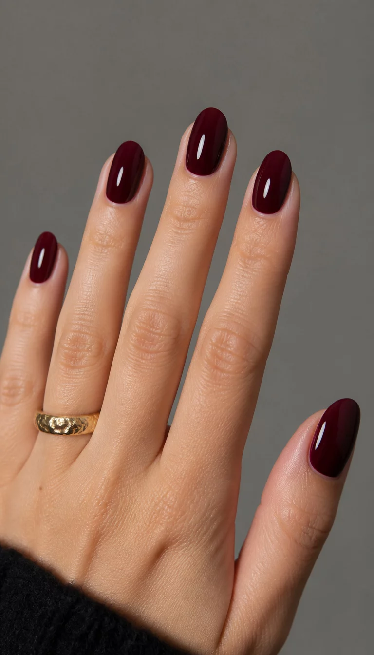 Glossy Burgundy And Textured Gold close-up shot of a woman’s hand with five fingers showing oval glossy deep burgundy nails, a textured gold ring on the ring finger, neutral grey background.