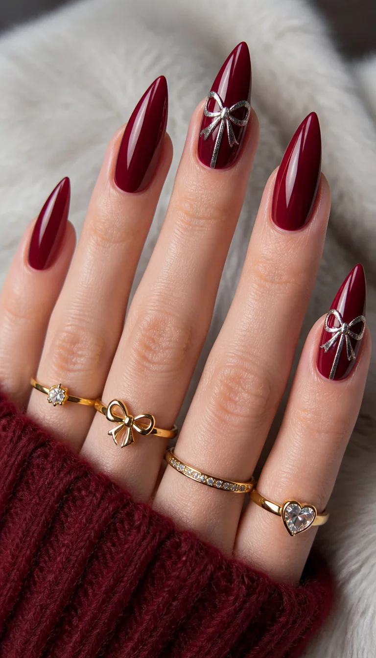 Deep Red With Silver Bows close-up shot of a woman’s hand with five fingers showing stiletto-shaped glossy deep red nails with silver bow designs on two nails, gold rings on the hands.