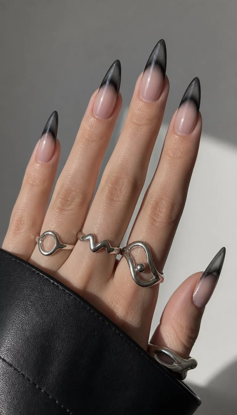 Smoky Black French Tips close-up shot of a woman’s hand with five fingers showing stiletto-shaped nails with a sheer base and smoky black french tip design, silver abstract rings.