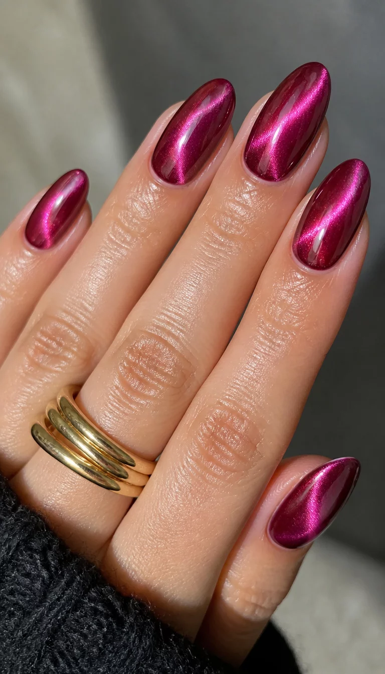 Metallic Magenta Cat Eye close-up shot of a woman’s hand with five fingers showing almond-shaped metallic magenta nails with a cat eye effect, a multi-band gold ring on a finger.