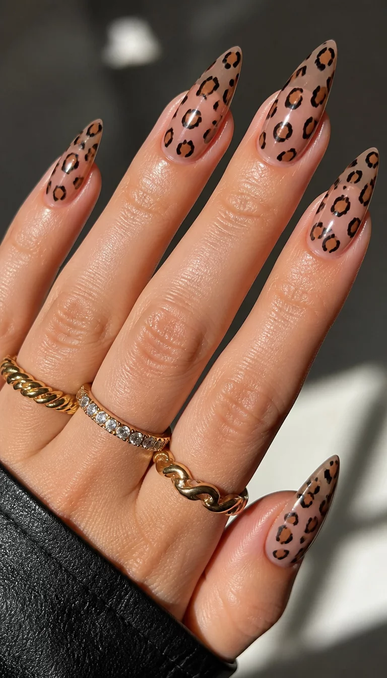 Classic Leopard Stiletto close-up shot of a woman’s hand with five fingers showing stiletto-shaped nails with a sheer base and a classic leopard print design, rings visible.