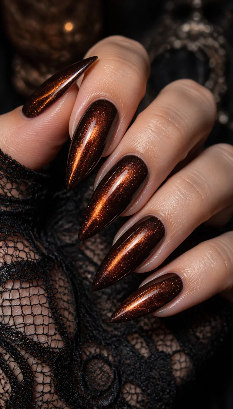 Copper Glow And Black Lace close-up shot of a woman’s hand with five fingers showing stiletto-shaped nails in a dark brown and copper cat eye effect polish, hand wearing a black lace glove.