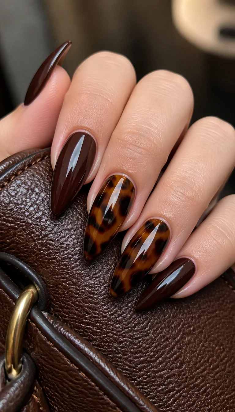 Tortoiseshell Stiletto Sophistication close-up shot of a woman’s hand with five fingers showing stiletto-shaped nails with glossy deep brown polish and two nails featuring a tortoiseshell design, hand holding a textured brown leather bag.