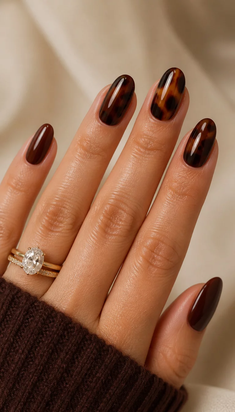 Classic Tortoise On Oval Tips close-up shot of a woman’s hand with five fingers showing oval glossy deep brown nails with two nails featuring a dark brown tortoiseshell pattern, diamond ring and gold band visible.