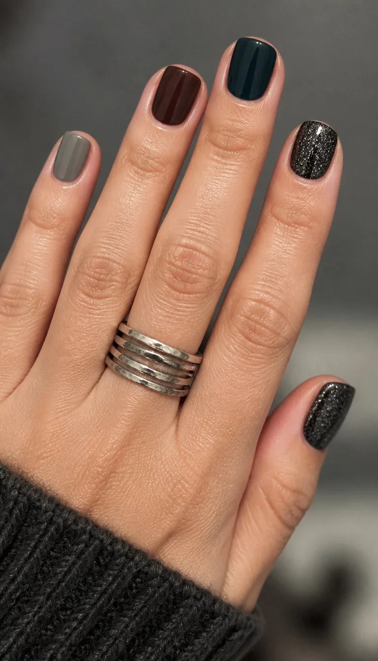 Multi Finish Moody Teal close-up shot of a woman’s hand with five fingers showing short mixed-finish nails in grey, deep brown, dark teal, and black glitter, silver multi-band ring.