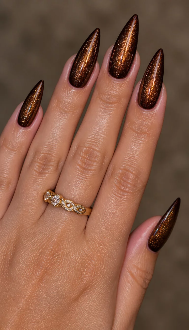 Bronze Glitter Cat Eye close-up shot of a woman’s hand with five fingers showing stiletto-shaped deep bronze glitter nails with a cat eye effect, a gold ring on the ring finger.