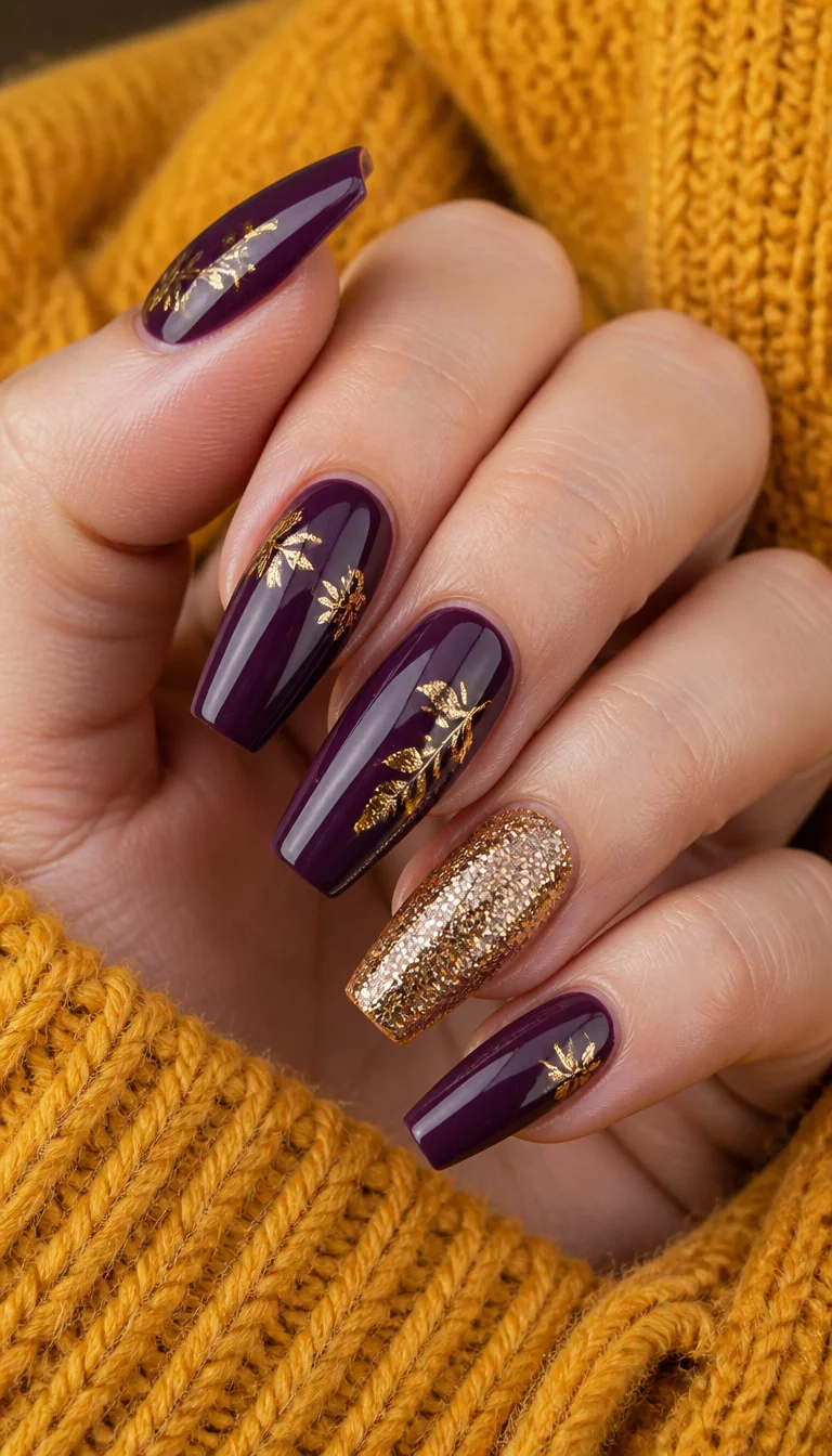 Plum Perfection With Gold Leaf close-up shot of a woman’s hand with five fingers showing coffin-shaped glossy dark plum nails with delicate gold leaf details and glitter on one nail, mustard yellow sweater in the background.