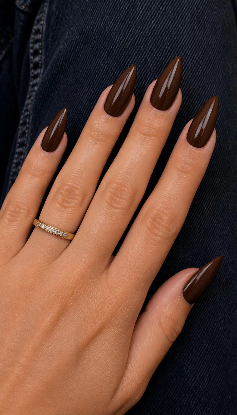 Espresso Stiletto In Denim close-up shot of a woman’s hand with five fingers showing stiletto-shaped glossy dark brown nails, a gold band with small diamonds on the ring finger, dark denim background.
