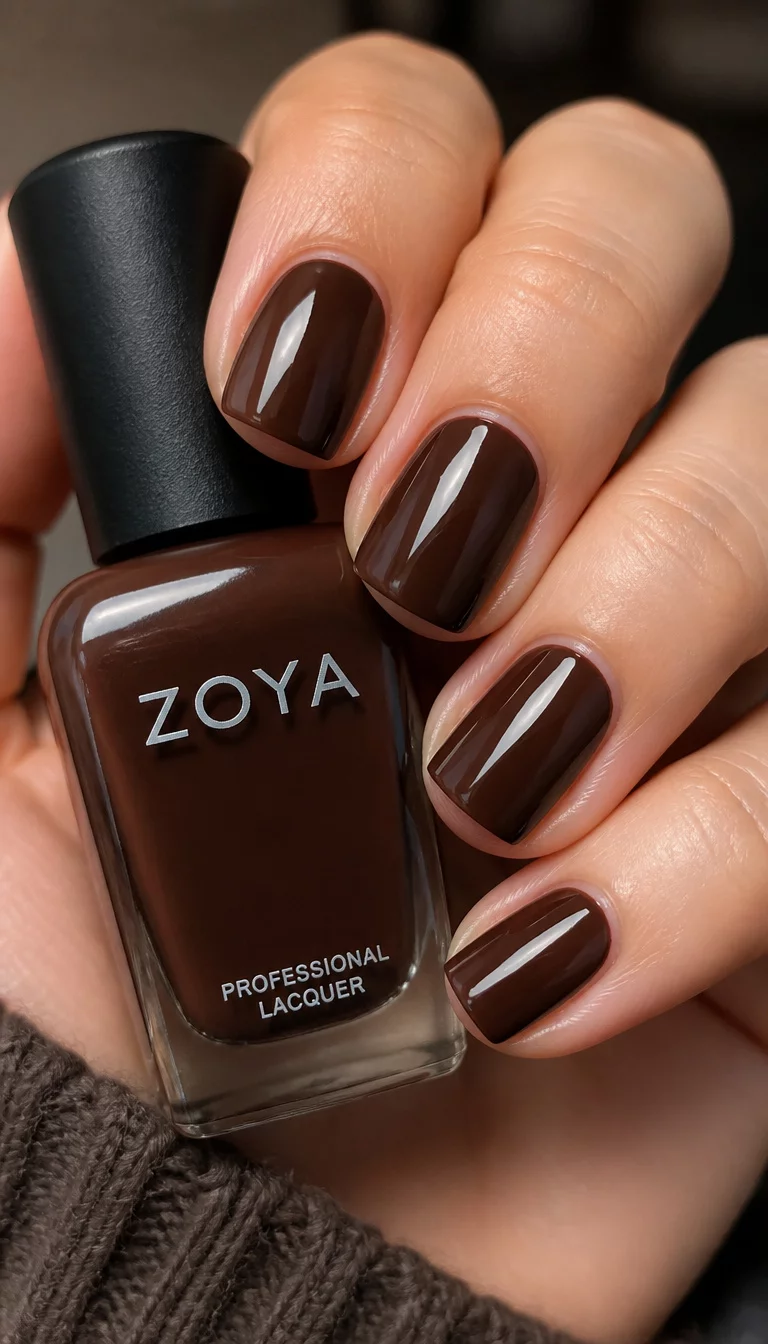 Glossy Cocoa Square Basics close-up shot of a woman’s hand with five fingers showing short square-shaped nails with a glossy deep brown polish, hand holding a bottle of nail polish.