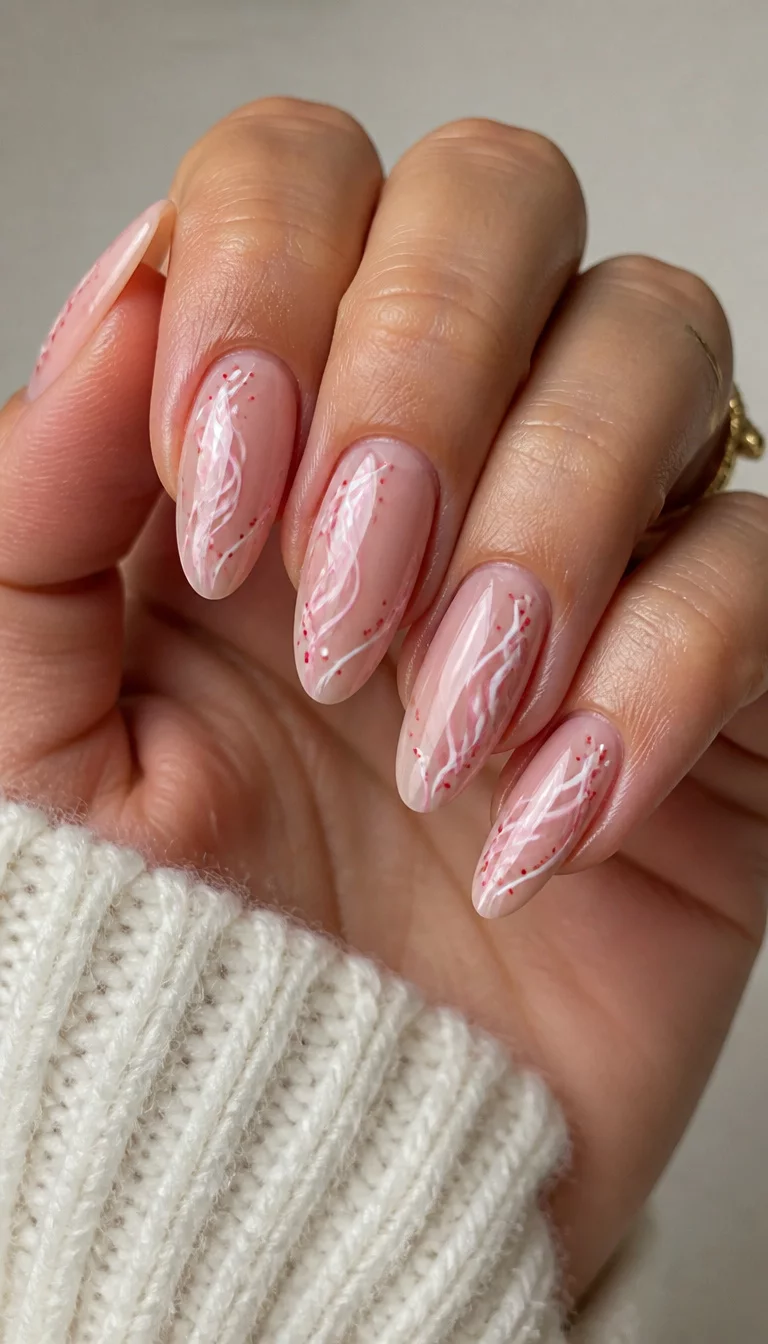 close-up shot of a woman’s hand with five fingers showing almond-shaped nails with a sheer neutral base and delicate pink and white swirling designs accented with tiny red dots.