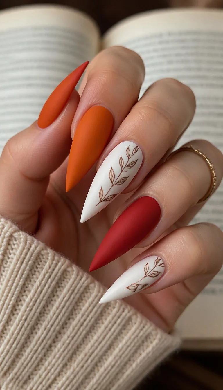 close-up shot of a woman’s hand with five fingers showing stiletto nails in matte red, orange, and white with a delicate brown vine design, a blurred open book background.
