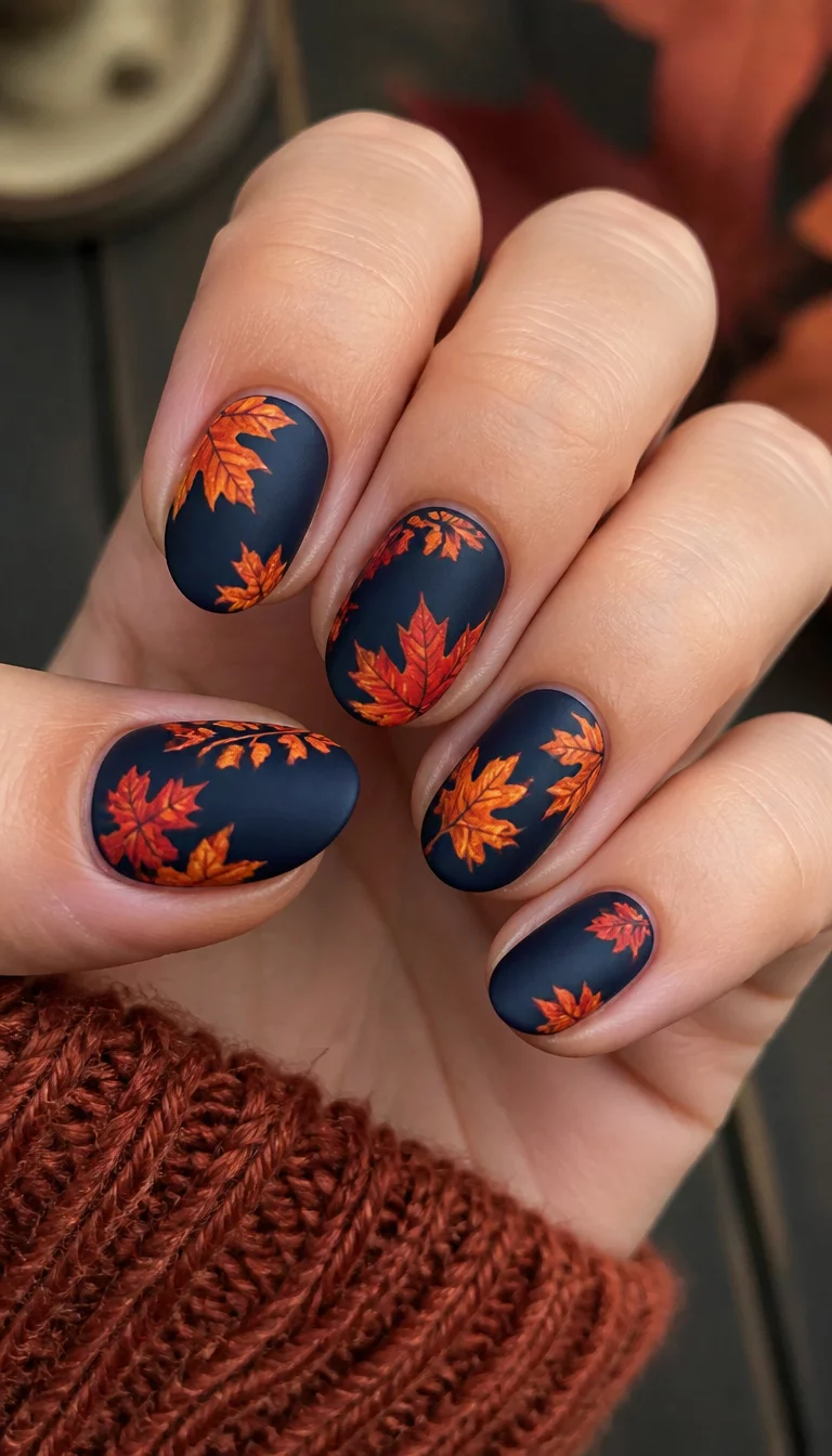 close-up shot of a woman’s hand with five fingers showing short almond-shaped nails painted in a dark navy matte polish adorned with vibrant orange and red fall leaf designs.