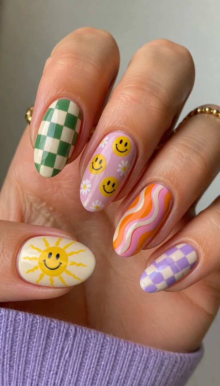 close-up shot of a woman’s hand with five fingers showing a playful assortment of almond and oval nails featuring checkerboard patterns, smiley faces, sun motifs, and wavy stripes.