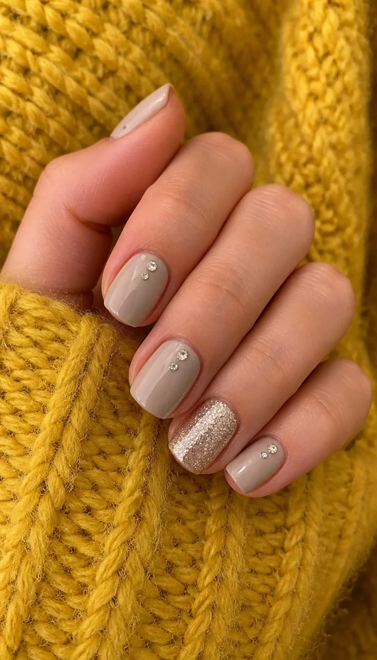 close-up shot of a woman’s hand with five fingers showing short polished nails in a pale neutral color with subtle rhinestone accents and one glittered accent nail, a chunky yellow knitted sweater background.