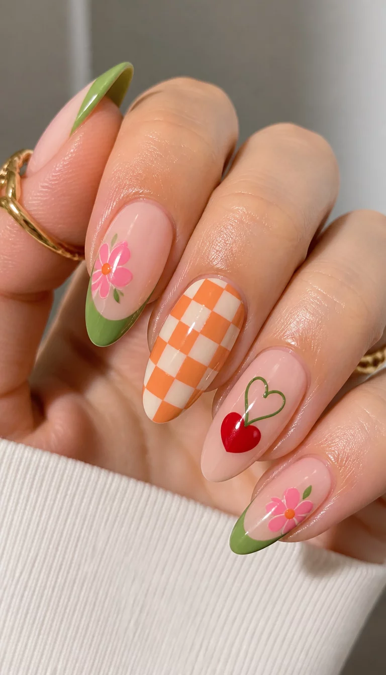 close-up shot of a woman’s hand with five fingers showing long almond-shaped nails with green French tips, pink flowers, orange checkerboard, and a cherry heart.