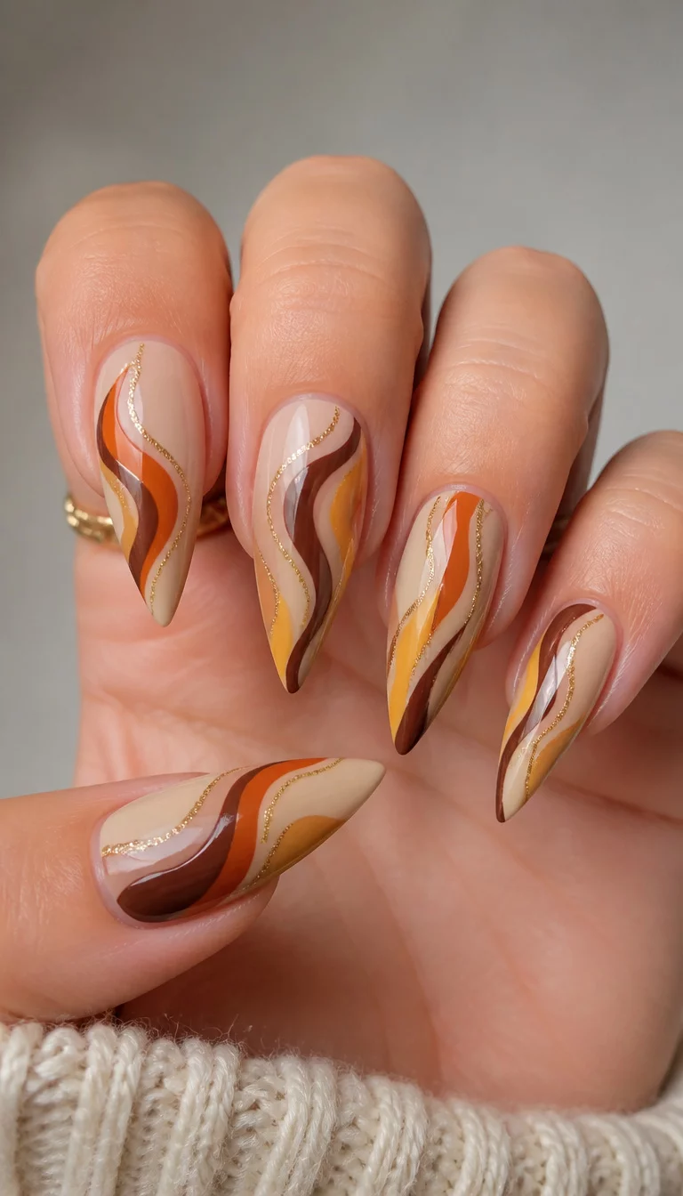 close-up shot of a woman’s hand with five fingers showing stiletto nails with a pale neutral base featuring wavy abstract designs in brown, orange, and yellow with subtle glitter details.