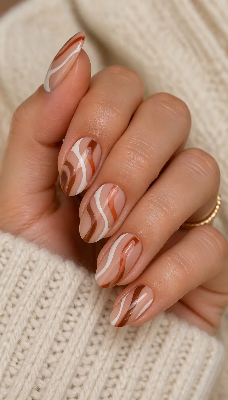 close-up shot of a woman’s hand with five fingers showing oval nails with a neutral base adorned with swirling lines in brown, white, and terracotta hues, a light-colored sweater background.