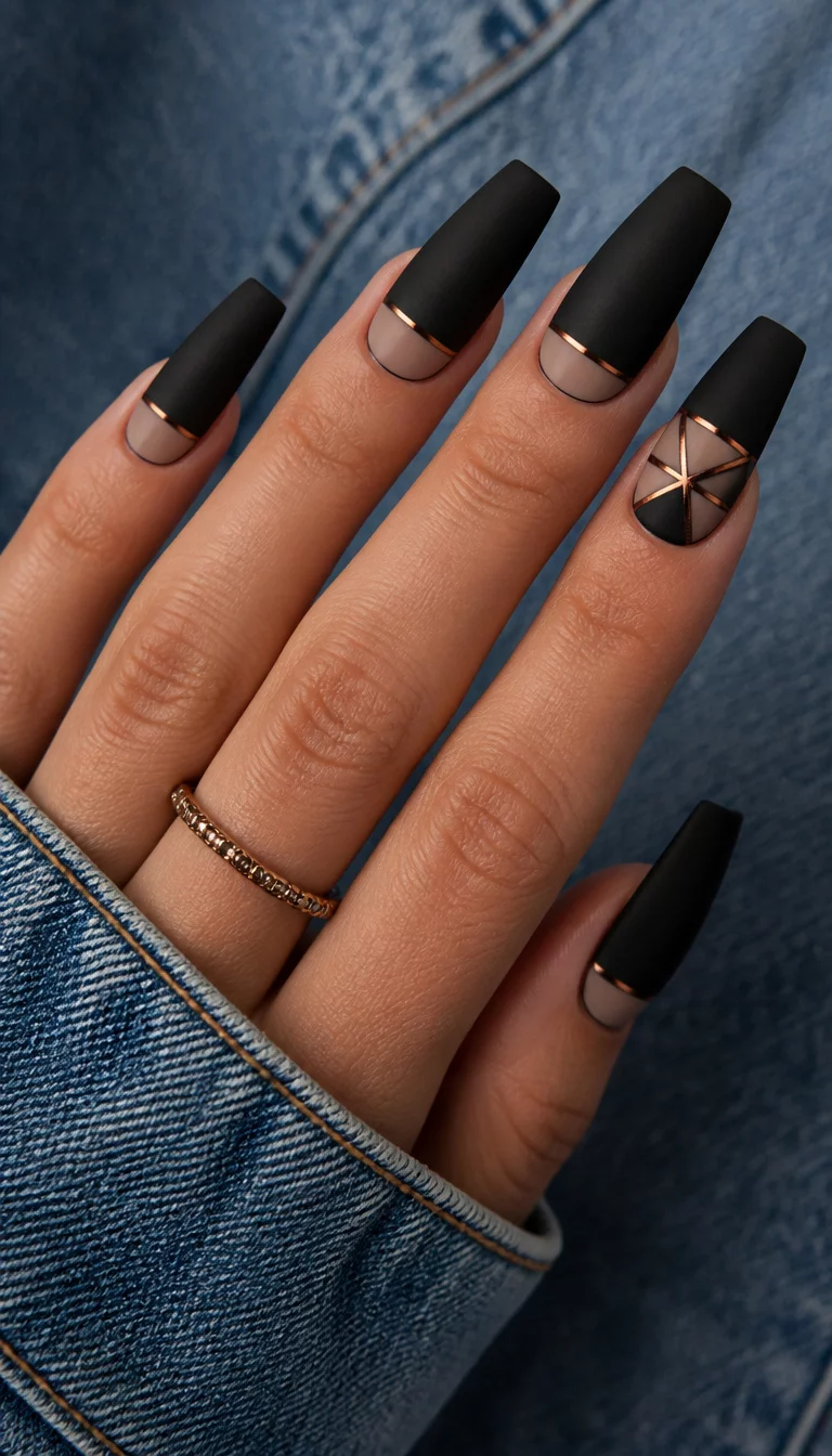 close-up shot of a woman’s hand with five fingers showing matte black coffin nails with a subtle neutral French with a geometric bronze design accent, denim fabric background.
