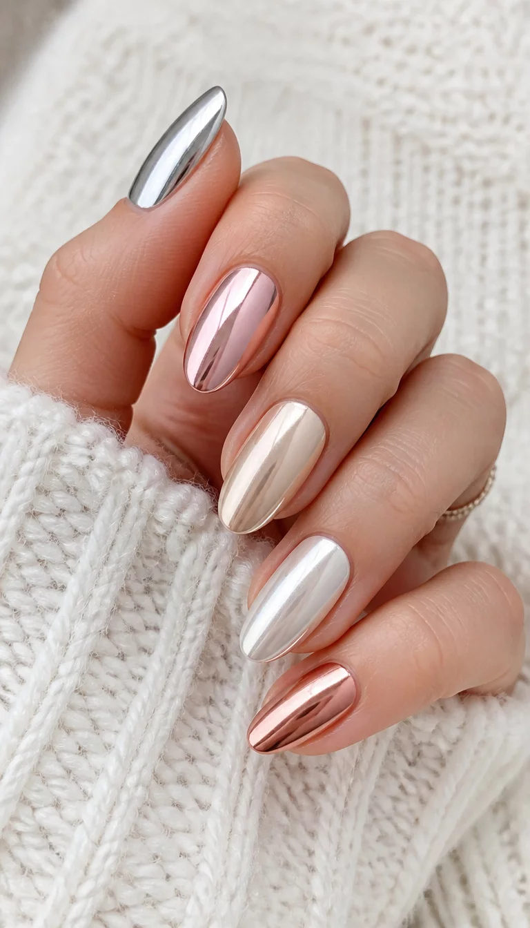 close-up shot of a woman’s hand with five fingers showing almond-shaped nails with a chrome effect in metallic silver, rose gold, beige, and pearly white, a textured white sweater background.