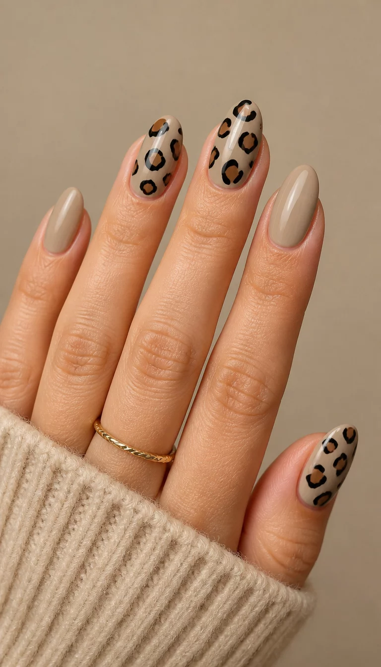 close-up shot of a woman’s hand with five fingers showing oval nails in a neutral beige shade adorned with abstract brown and black spots resembling a leopard print on accent nails, a solid neutral beige base background.
