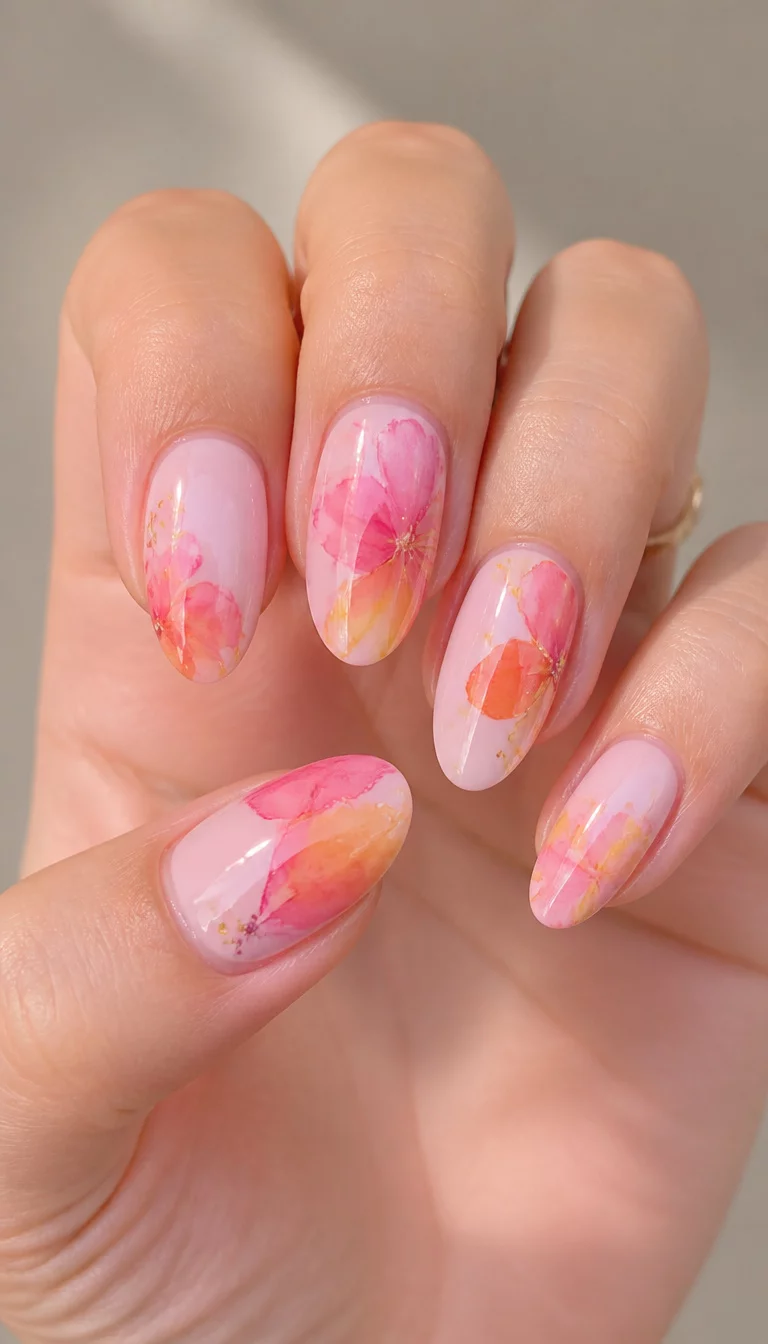 close-up shot of a woman’s hand with five fingers showing almond and oval nails with a soft pink base and abstract watercolor-like floral art in pink, orange, and yellow shades.