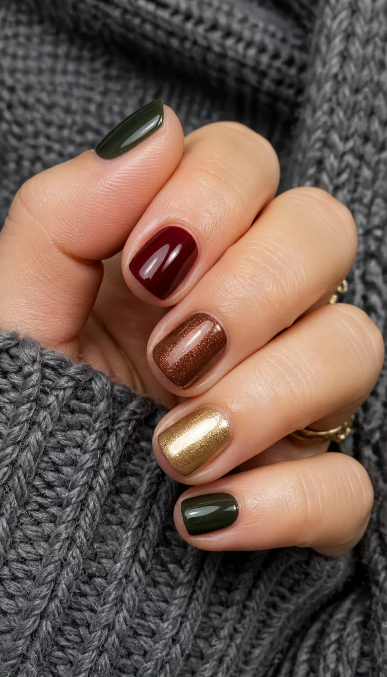 close-up shot of a woman’s hand with five fingers showing short glossy nails in deep green, burgundy, bronze, and metallic gold, a grey knitted background.