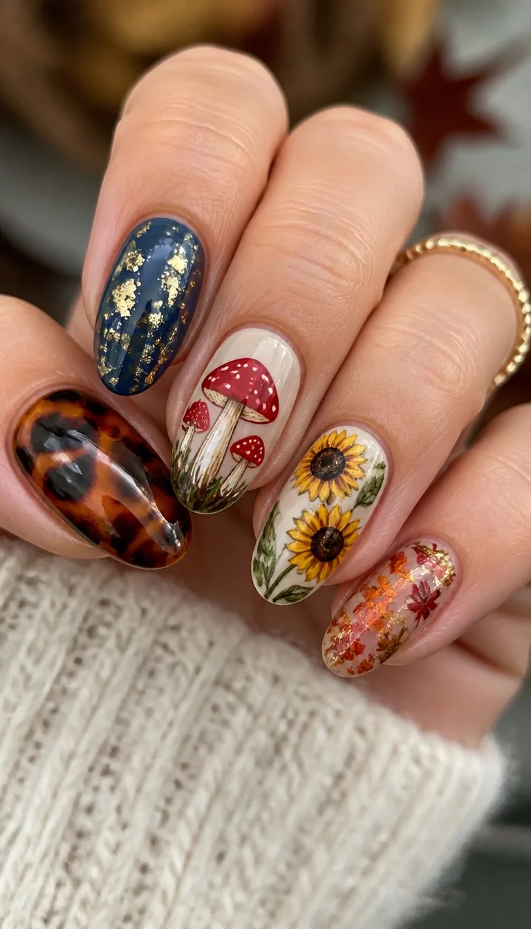 close-up shot of a woman’s hand with five fingers showing a collage of nail art including tortoise shell, blue with gold, red mushrooms, sunflowers, and autumn leaves.