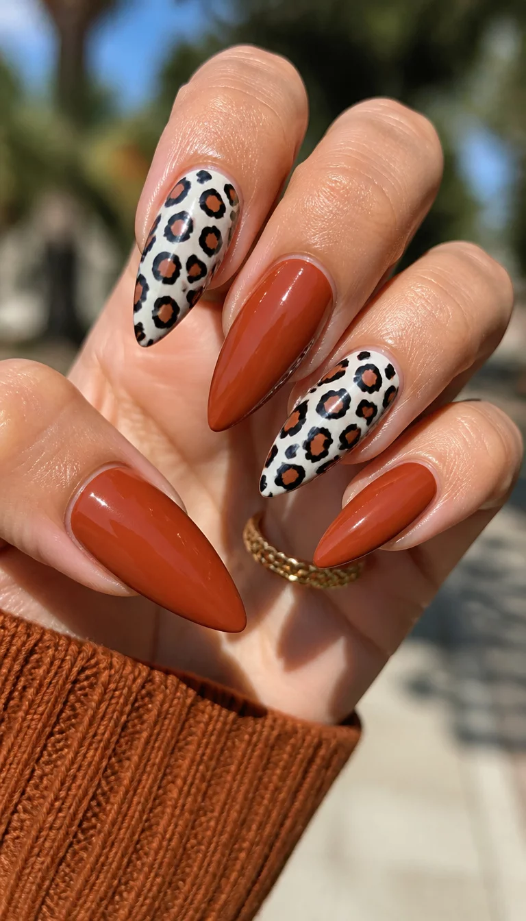 close-up shot of a woman’s hand with five fingers showing long stiletto-shaped nails featuring a white base with a leopard print design contrasting with solid rust-colored nails, outdoor background.