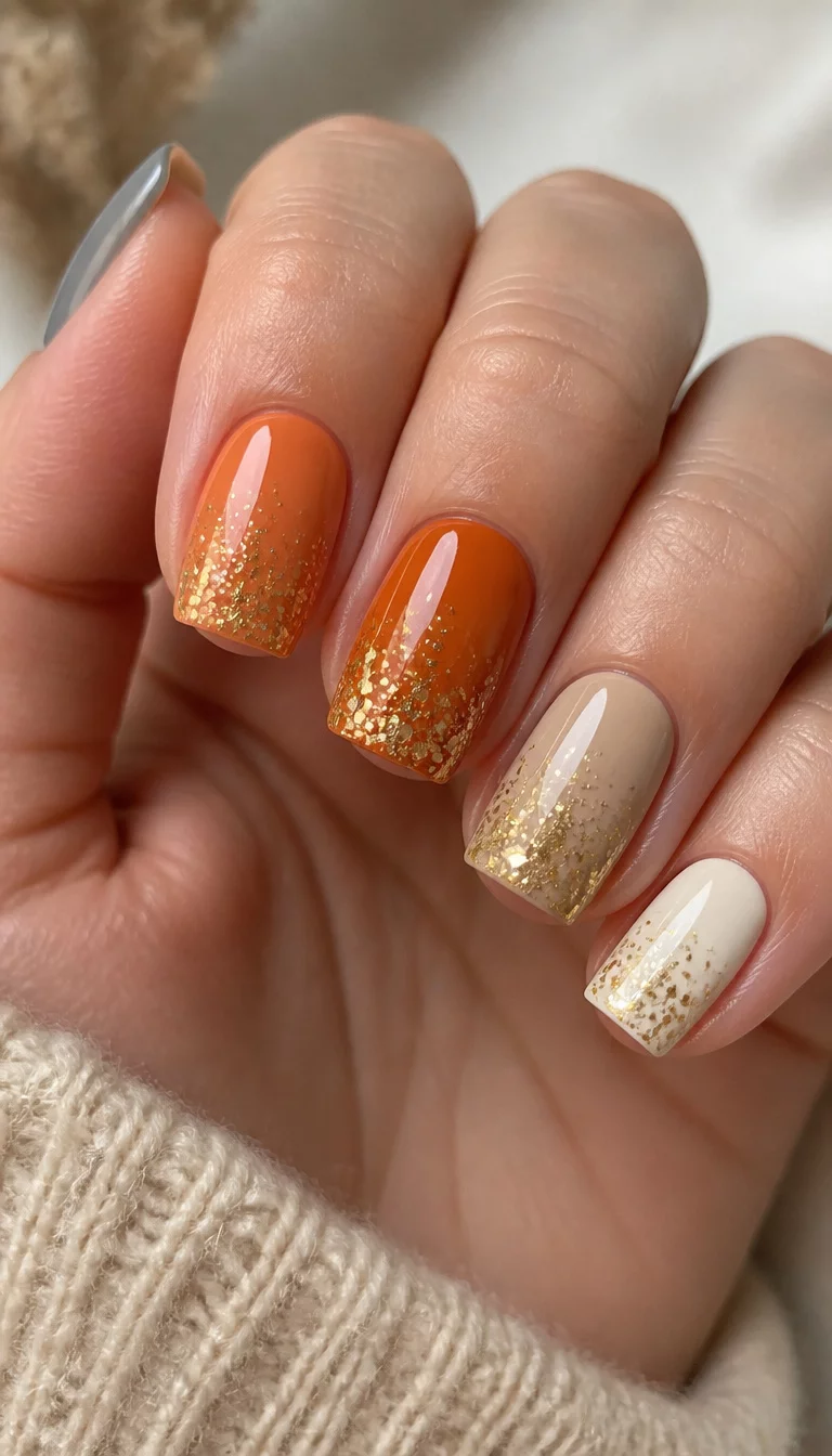 close-up shot of a woman’s hand with five fingers showing square-shaped nails with a gradient of colors: grey with gold glitter, orange with gold glitter, and cream with gold glitter.
