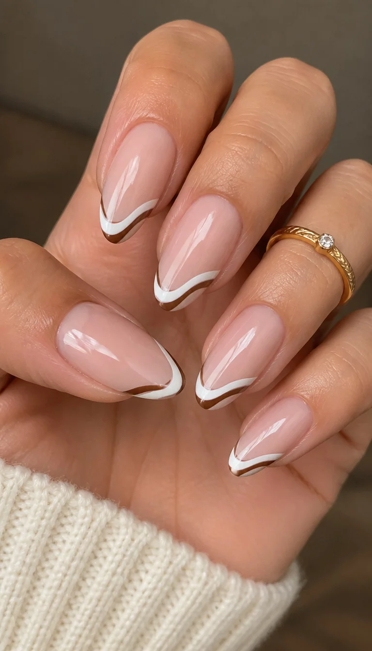 close-up shot of a woman’s hand with five fingers showing almond-shaped nails with a French manicure style featuring thin brown and white wavy stripes, a gold ring on the ring finger.