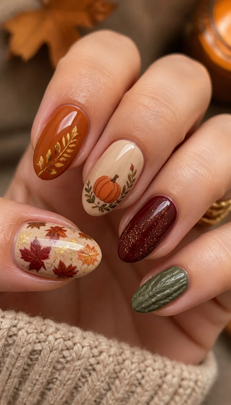 close-up shot of a woman’s hand with five fingers showing oval nails with fall-themed designs