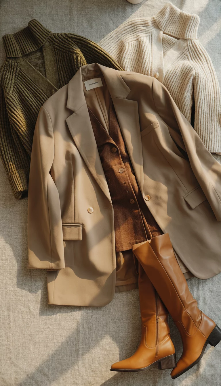 A collage displays various early fall outfits including oversized blazers, mini skirts with tall boots, and chunky knit cardigans in neutral and earth tones.