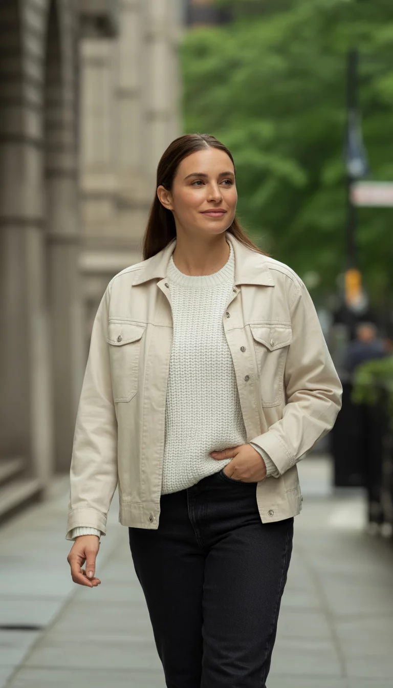A beautiful 31-year-old woman in a cream utility jacket, a white knit sweater, and black jeans walks along a clean city sidewalk.