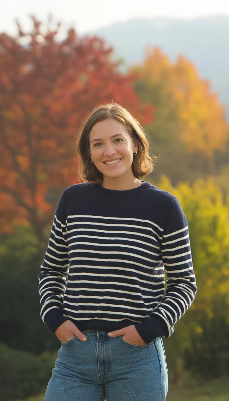 A beautiful 30-year-old woman smiles wearing a classic navy and white striped sweater and blue jeans, with a soft background of autumn trees.