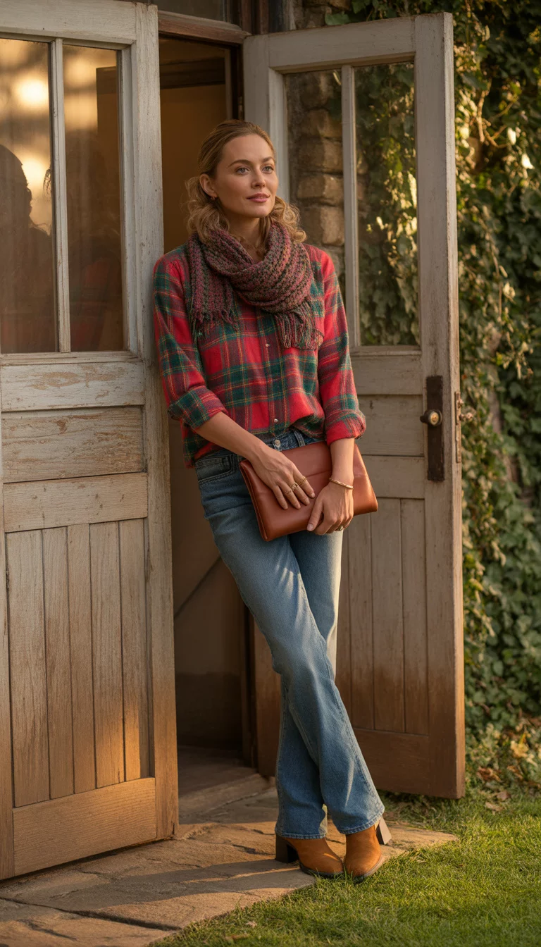 A beautiful 31-year-old woman in a red and green plaid shirt, a chunky knit scarf, blue jeans, and brown ankle boots holds a brown leather clutch in front of rustic wooden doors.