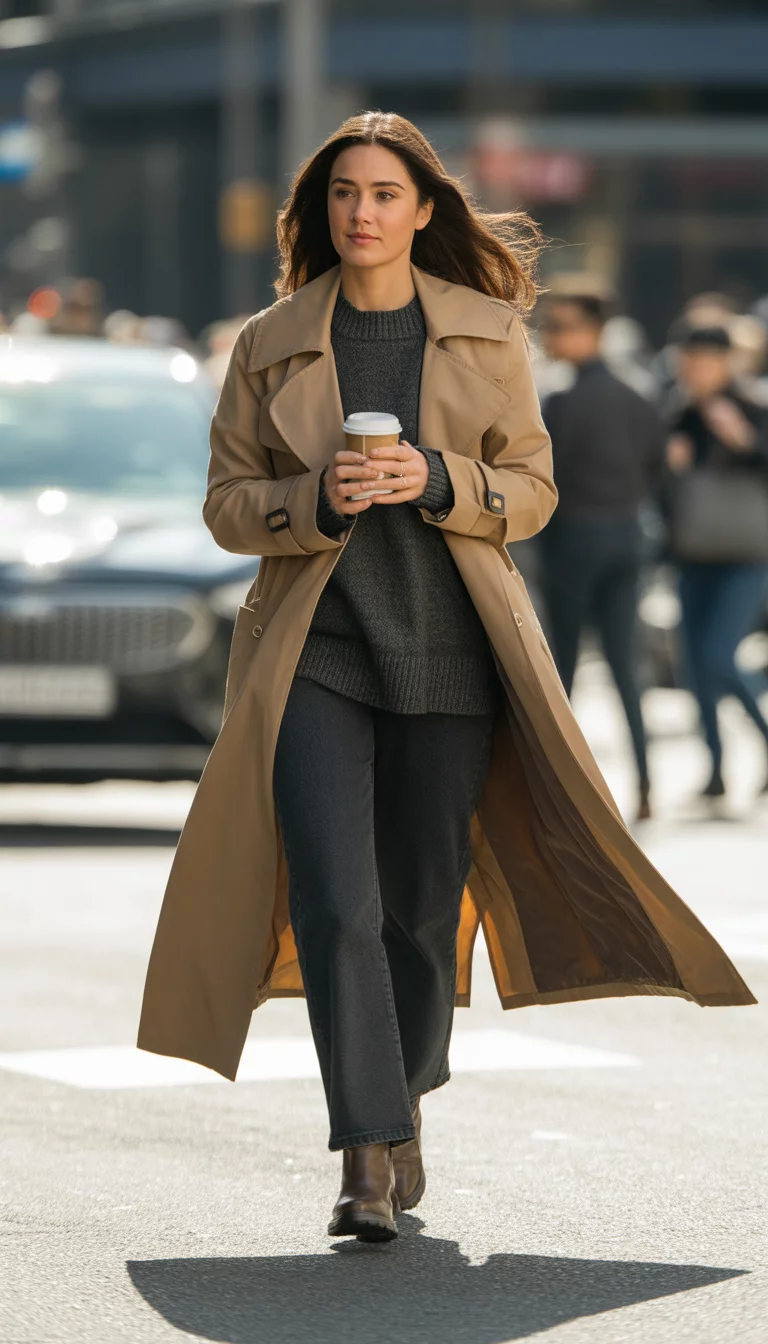 A beautiful 29-year-old woman walks down a city street in a long tan trench coat, a charcoal grey sweater, dark indigo jeans, and brown leather boots, holding a coffee cup.