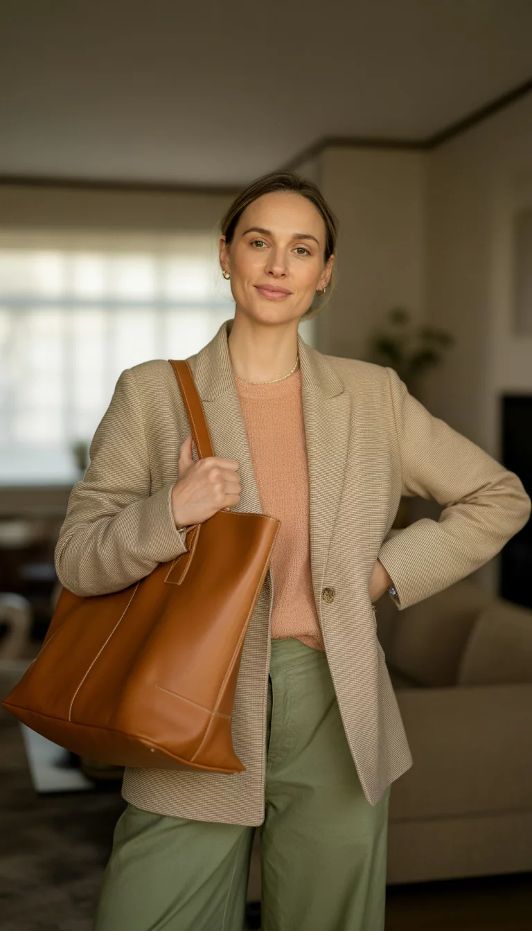A beautiful 34-year-old woman in a beige blazer, a peach knit top, and olive green wide-leg pants poses indoors while carrying a large leather tote bag.