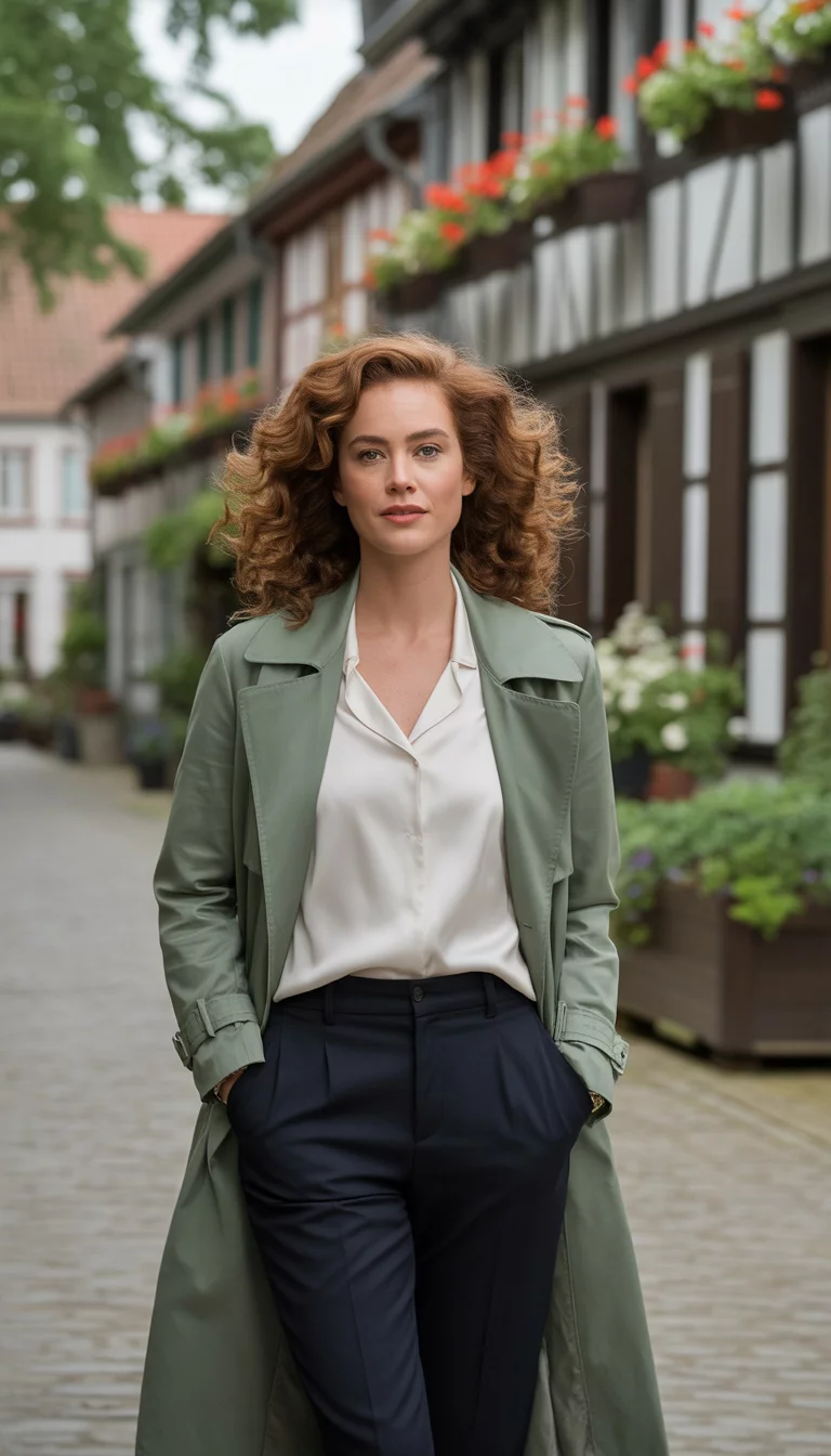 A beautiful 36-year-old woman with curly hair wears a sage green trench coat, a white silk top, and black tailored pants, walking down a quaint village street.