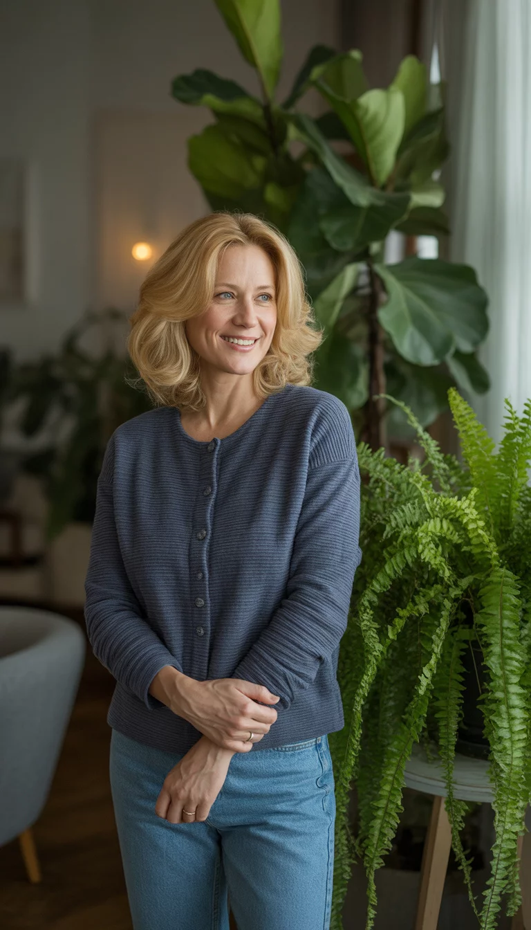 A beautiful 48-year-old woman with blonde hair wears a navy striped cardigan, blue jeans, and white sneakers, standing indoors near lush green potted plants.