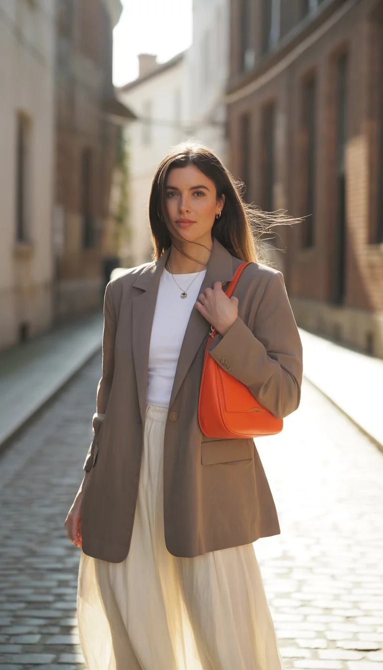 A beautiful 28-year-old woman in a taupe cotton blazer, a white top, and a voluminous cream skirt poses on a cobblestone street with a bright orange bag.