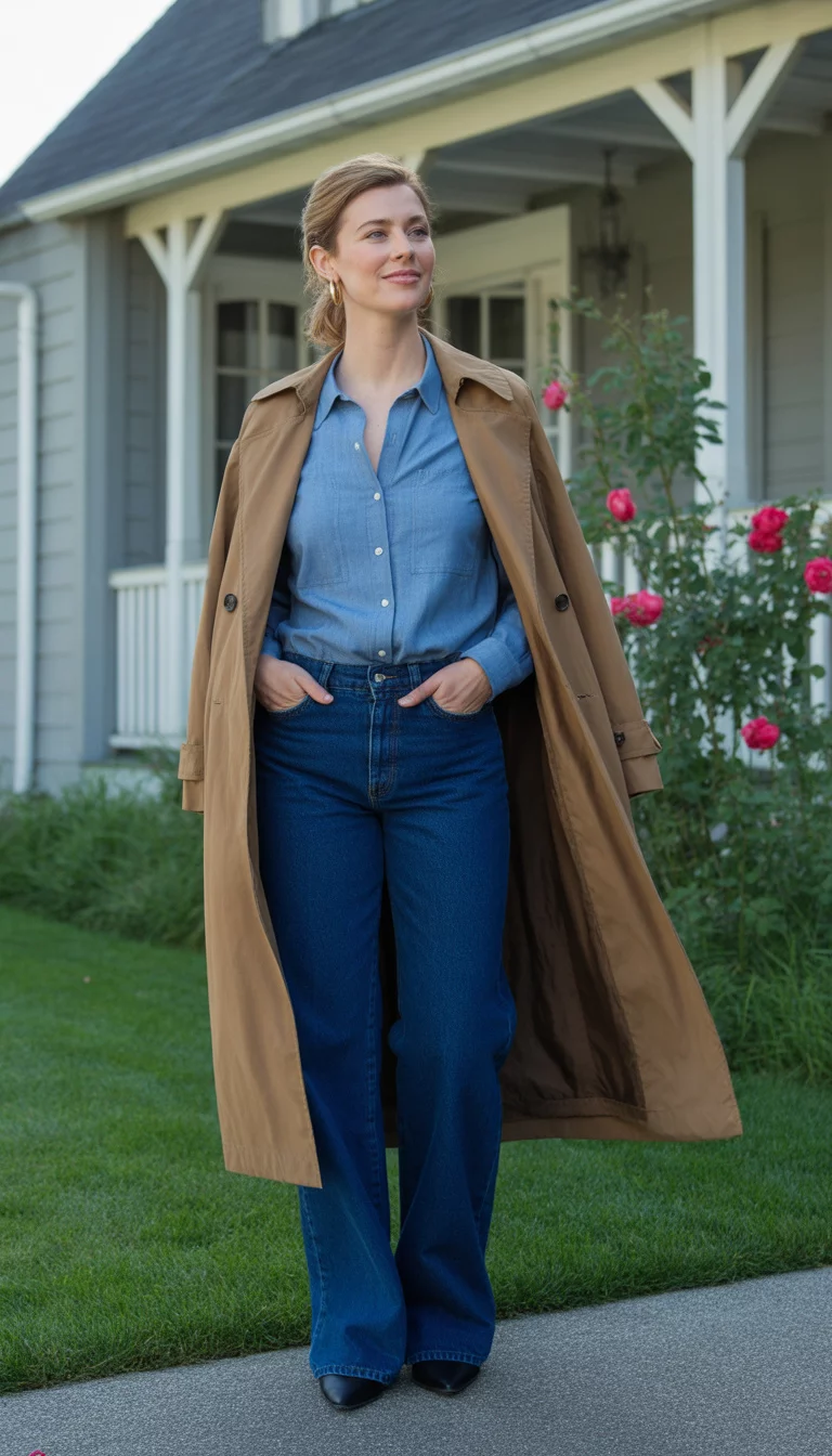 A beautiful 37-year-old woman in a blue chambray shirt, dark blue wide-leg jeans, and a tan trench coat poses outside a suburban house.