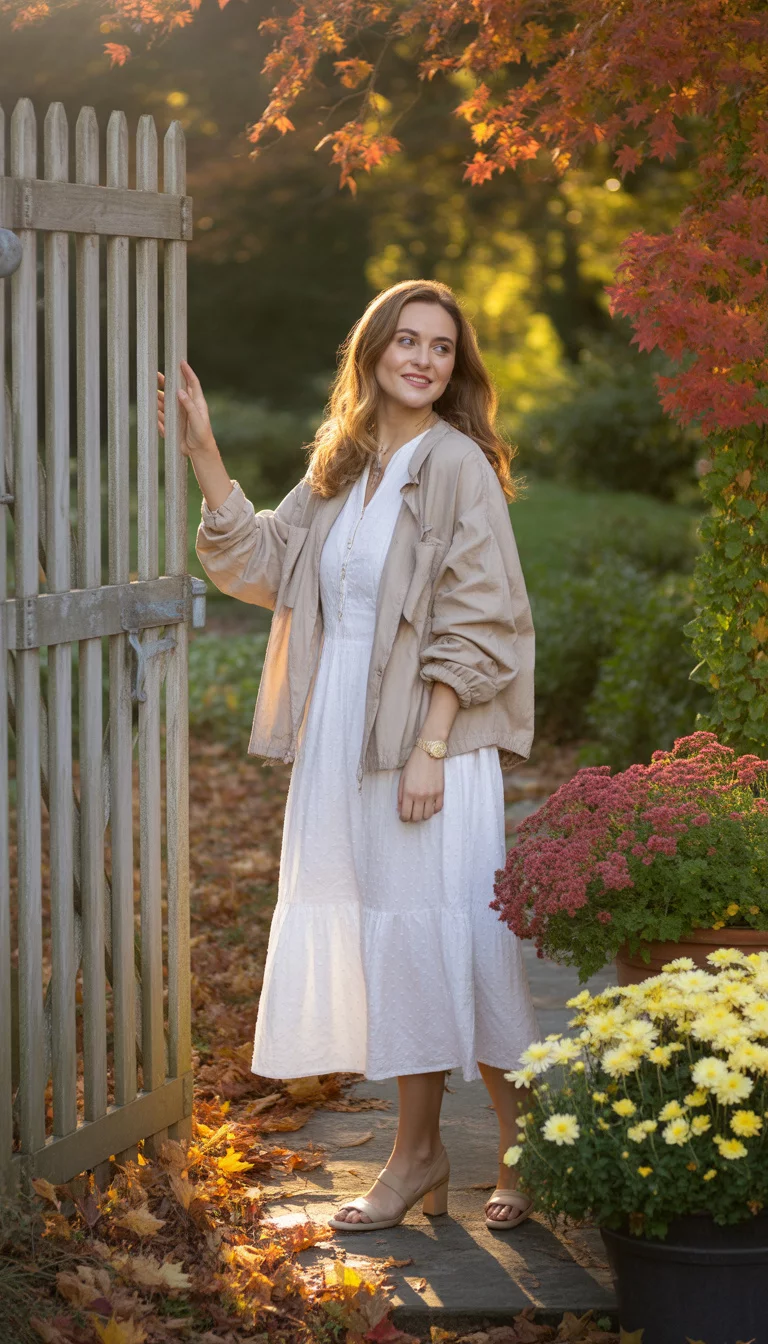 A beautiful 25-year-old woman in a white midi dress and a beige lightweight jacket stands near a weathered wooden gate in a sunny autumn garden.