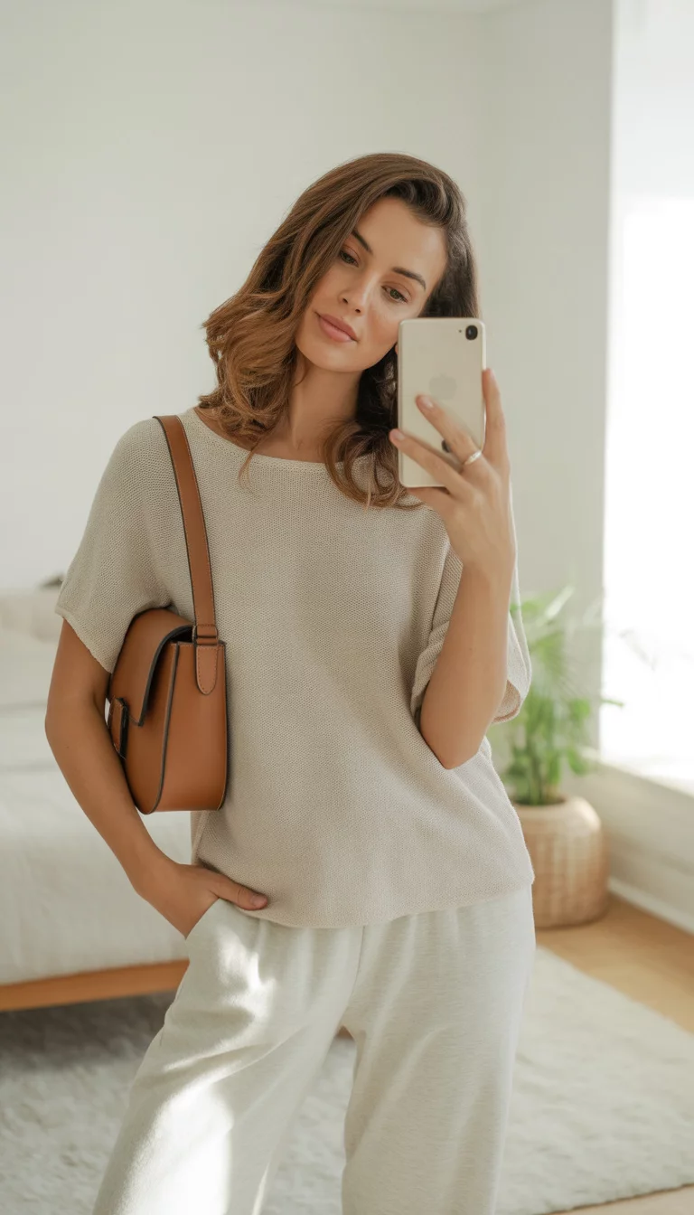 A beautiful 30-year-old woman takes a mirror selfie in a light beige knit top and white lounge pants, holding a tan leather crossbody bag.