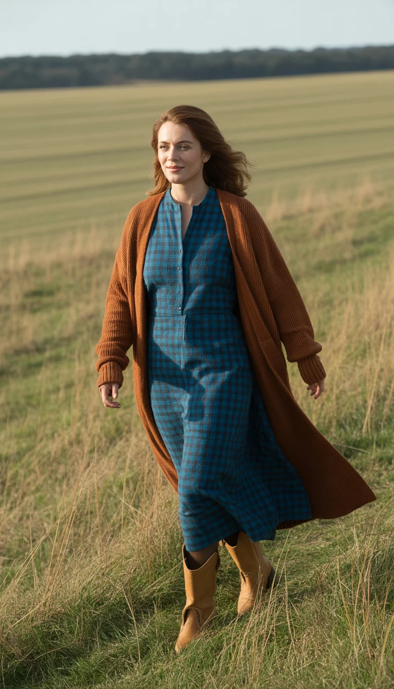 A beautiful 35-year-old woman in a blue plaid dress, a rust-colored knit cardigan, and tan leather boots walks through a dry, grassy field.